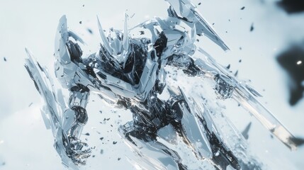 Poster - futuristic, crystalline robot appears dynamic and powerful in a snowy environment.
