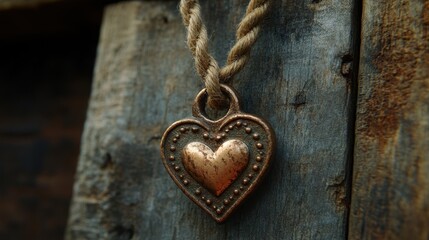 Skeleton key adorned with love and rope heart shapes hanging on a rustic wooden background, perfect for romantic decor