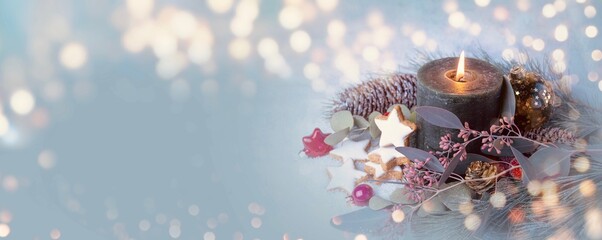 Wall Mural - christmas background banner with advent candle, cookies and nature decoration in snow - panorama, he
