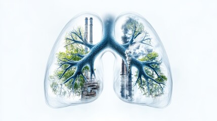 Poster - Double exposure Lungs with trees and factories, symbolizing pollution and nature's balance.