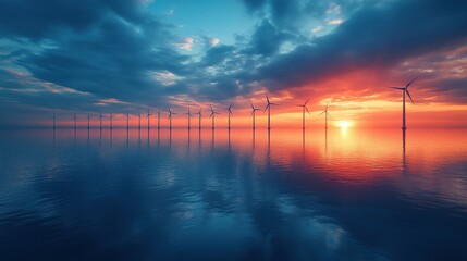 Canvas Print - Breathtaking Sunset Over a Tranquil Ocean Featuring Wind Turbines Silhouetted Against a Vivid Colorful Sky with Clouds and Calm Water Reflection