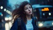 © Roey - Scared Young Woman Running Down Rainy City Street at Night with Backpack, Blue Jacket, and Dark Makeup