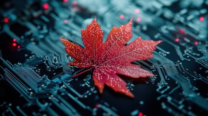 Poster - Red maple leaf merging with digital circuitry, representing harmony between nature and technology in a futuristic landscape