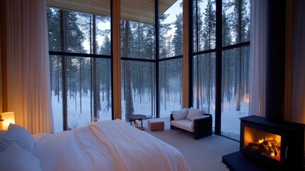 Wall Mural - The inviting bedroom features white sheets and a warm wood stove, offering stunning views of snowy trees and a breathtaking sunset outside large windows