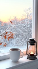 Wall Mural - A steaming cup of coffee sits on a windowsill next to a lantern, illuminating the cold snowy landscape outside as dawn brings a warm glow to the cozy interior