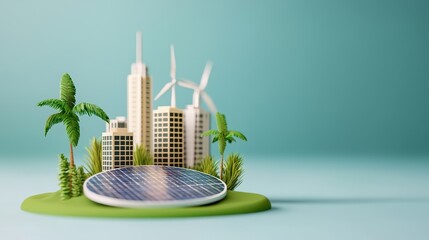 Miniature Model of a Sustainable City Featuring Wind Turbines, Solar Panels, and Lush Greenery on a Soft Background Ideal for Environmental Concepts