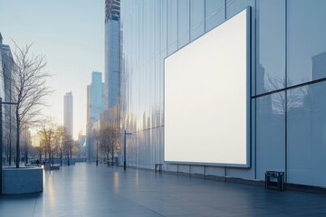 Empty billboard providing advertising space on modern glass building in urban city environment at sunrise. Copy space for text