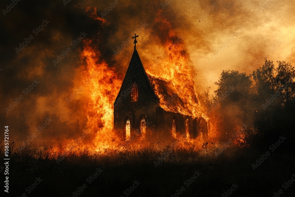 Old church burning intensely at night, with flames and smoke creating a ...