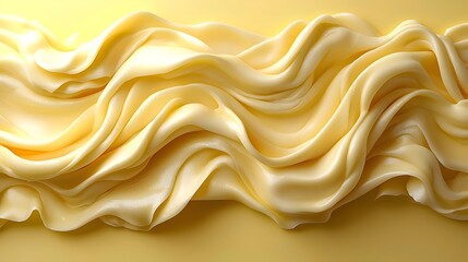 Wall Mural - A close-up view of silky, undulating butter fabric on a soft yellow background, showcasing its smooth texture and rich, creamy color.