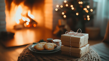 Sticker - A cozy holiday scene featuring a stack of gift boxes, a plate of Christmas cookies, and a glowing fireplace in the background 