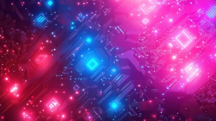 Poster - Vibrant Abstract Technology Background with Colorful Lights and Circuit Patterns in Red and Blue Tones for Futuristic Design and Digital Artwork