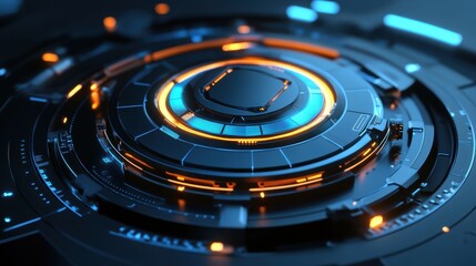 Poster - Futuristic Technology Interface with Glowing Circular Elements in Blue and Orange Hues, Creating a High-Tech Visual Appeal for Digital Innovation Concepts