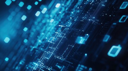 Poster - Abstract digital background with glowing blue lines and luminous shapes representing data processing, technology, and futuristic concepts in a high-tech environment.