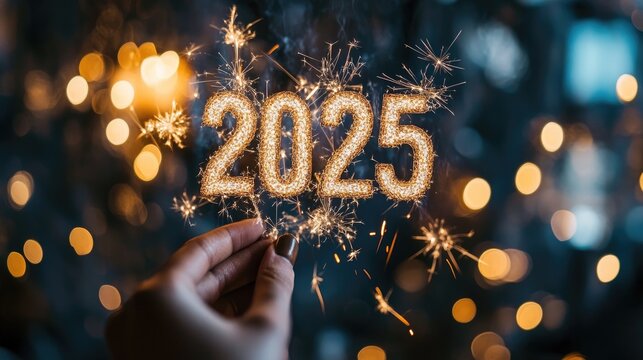 Vibrant New Year background with shimmering fireworks in the night sky, golden bokeh lights, and sparkling 