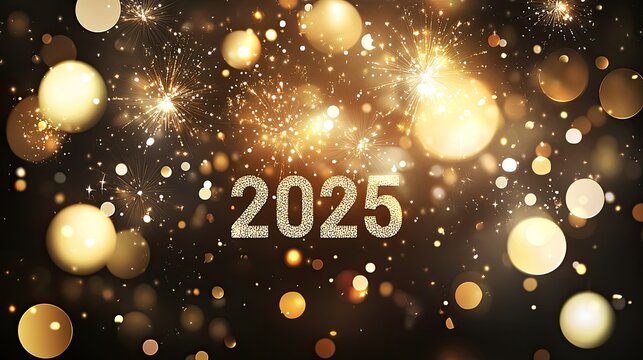 Vibrant New Year background with shimmering fireworks in the night sky, golden bokeh lights, and sparkling 