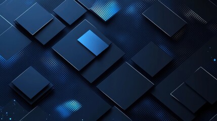 Poster - Abstract dark blue background with geometric shapes and patterns featuring squares and rectangles of varying sizes illuminated with soft light effects