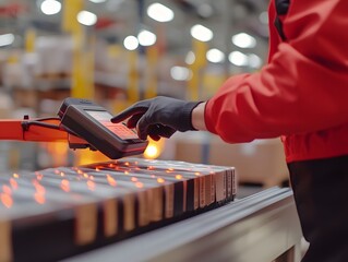 Worker scanning barcodes on products before shipment for quality tracking, traceability, inventory and QC