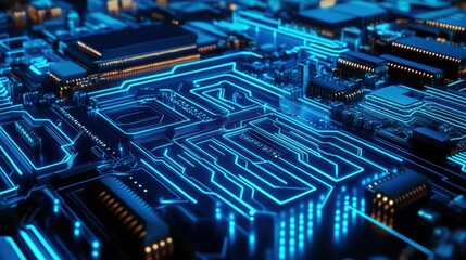Poster - High-Tech Microchip Circuitry with Glowing Blue Lights Showcasing Advanced Electronics and Modern Technology for Digital Innovation and Future Applications