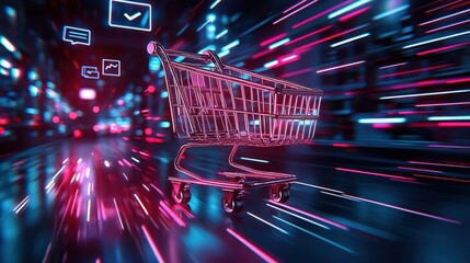 Poster - Dynamic mobile shopping experience with futuristic cart urban setting digital art fast-paced environment