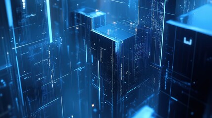 Poster - Abstract digital landscape with towering geometric shapes in blue tones highlighting futuristic technology, cyber connections, and data flow in a virtual environment.