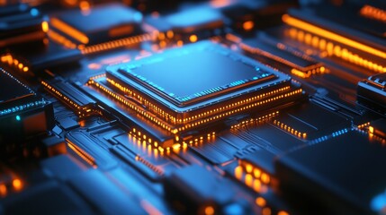 Poster - High-Tech Computer Chip Close-Up Showcasing Circuit Board with Illuminated Components and Vibrant Digital Aesthetics in a Futuristic Design Environment