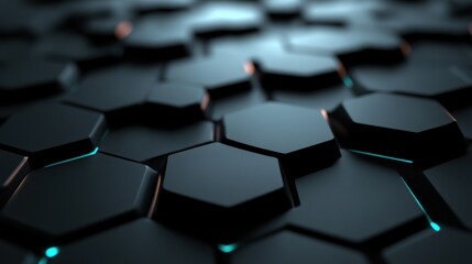 Poster - Abstract black hexagonal pattern with glowing edges, showcasing modern design and technology, ideal for backgrounds, wallpapers, or futuristic themes with depth and texture.