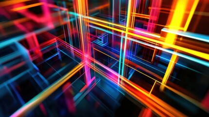 Poster - Abstract Digital Background with Colorful Neon Lines and Geometric Shapes Creating a Vibrant and Dynamic 3D Space Illusion for Modern Designs