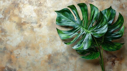 Wall Mural - A close-up of vibrant green monstera leaves on a textured background.