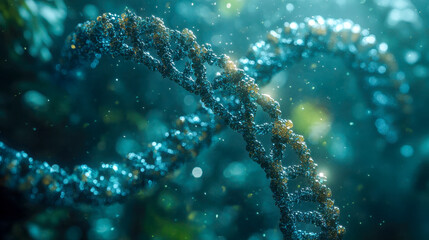 Poster - A detailed DNA double helix with a textured surface, surrounded by a lush, green background