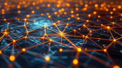 Poster - Abstract visualization of interconnected nodes and glowing lines creating a digital network structure representing technology, communication, and data flow in a futuristic concept