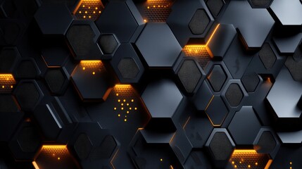 Poster - Abstract Hexagonal Patterns with Glowing Orange Highlights on a Dark Background, Representing Technology, Innovation and Modern Design Aesthetic
