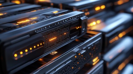 Poster - Close-Up View of Modern Data Server Units with Illuminated Indicators and Sleek Design in a High-Tech Server Room for Technology and Data Storage Concepts