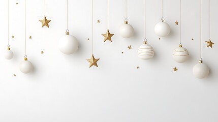 Wall Mural - Elegant Christmas Ornaments in Gold and White Hanging Against a Festive Background of Stars