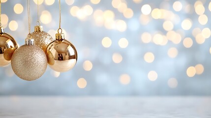 Wall Mural - Elegant Gold Christmas Ornaments Surrounded by Sparkling Confetti and Festive Lights