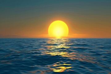 Wall Mural - a bright yellow sun setting over a deep blue ocean ,a serene sunrise casts golden hues over the calm