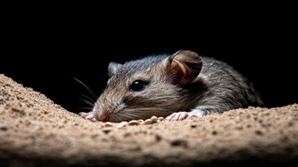 A close-up image of a small rodent resting on sandy terrain with soft lighting, ideal for educational materials, wildlife articles, or nature-themed projects,