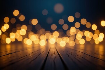 Wall Mural - warm bokeh lights create a magical atmosphere on a wooden surface.