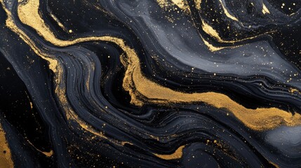 Poster - Mesmerizing abstract background of swirling gold and black sulfur particles, intricate patterns, deep shadow effects, luminous highlights, dramatic lighting