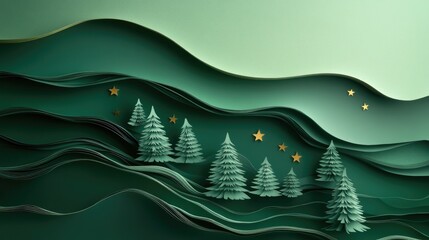 Poster - Minimalist Christmas background in green with paper cut trees and stars, soft festive look, delicate textures, layered depth, and warm shadows