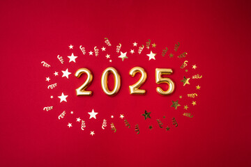 Wall Mural - christmas and happy new year 2025 with gold glitter decorations on red bright background. holiday pa