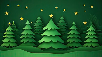 Poster - Stylish Christmas background with green tones, paper cut trees, and stars, creating a minimalist, festive look with layered textures and soft lighting