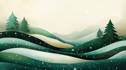 Poster - Stylish Christmas background with green tones, paper cut trees, and stars, creating a minimalist, festive look with layered textures and soft lighting