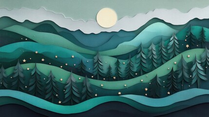 Poster - Stylish Christmas background with green tones, paper cut trees, and stars, creating a minimalist, festive look with layered textures and soft lighting
