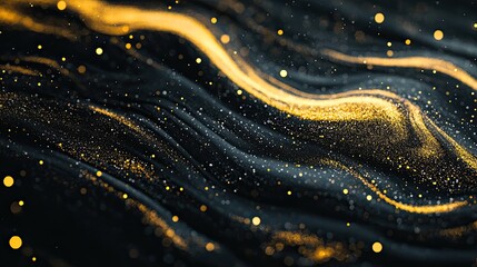 Poster - Swirling abstract background of black and gold sulfur particles, intricate details with shadows, contrasts, and luminous flecks for added depth