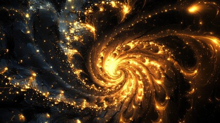 Poster - Swirling abstract background of black and gold sulfur particles, intricate details with shadows, contrasts, and luminous flecks for added depth