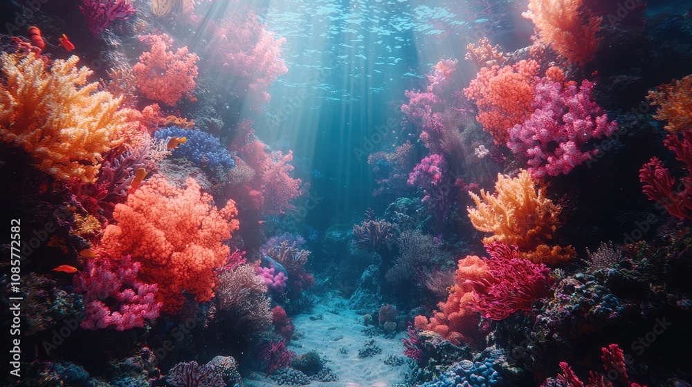 A glowing underwater scene with gradient waves of light flowing through ...