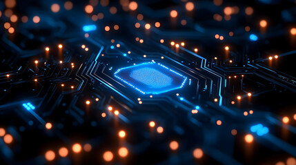 Poster - Close-up of a microchip showcasing intricate circuits and glowing lights, symbolizing innovation and connectivity.