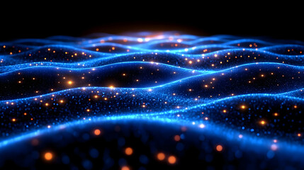 Poster - Abstract digital ocean of blue waves and glowing particles creating a mesmerizing visual experience.