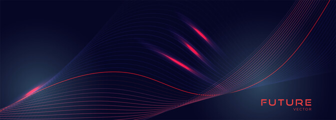 Poster - Dark blue technology background with pink and blue wavy lines. Digital hi-tech vector banner with dynamic striped waves.