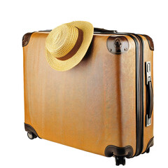 Travel suitcase with straw hat full length on transparent background PNG
